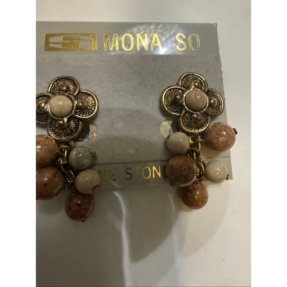 Vintage Mona So Women's Gold-Tone Genuine Stone Dangle Clip On Earrings NWT